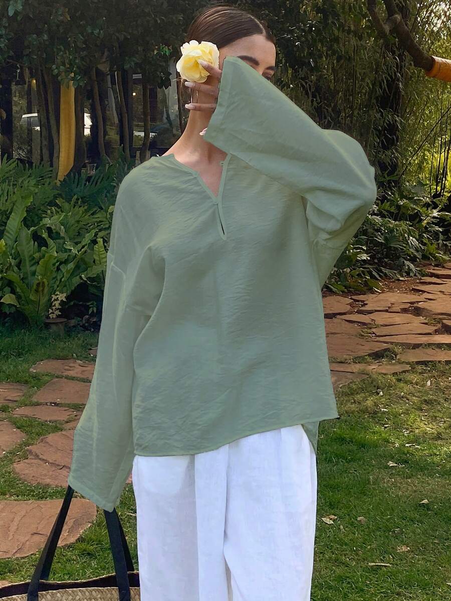 DAZY 纯色宽松长袖圆领休闲复古女式衬衫，秋季女装 - 綠色 - 查看 1