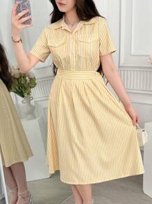 SHEIN Conjunto de 2 piezas para adolescentes: Blusa de rayas amarillas de manga corta y falda midi plisada de cintura alta, look elegante y vintage para uso casual y laboral - Amarillo - Ver 5