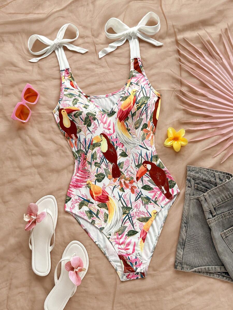 Soleia WYWH Women Vacation Beach Casual Plant & Bird Graphic Print Tie Shoulder Bodysuit Tropical One Piece Swimsuit Toucan Swimsuit Tropical Bird Swimsuit One Piece Bathing Suit Tie Strap Swimsuit