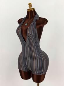 Amplova 2025 新款节日派对低胸纹理露背修身连体衣，波西米亚海滩风格 - 彩色 - 查看 6