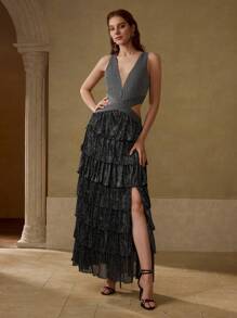 MOTF PREMIUM PLUNGING NECK CUTOUT WAIST LAYERED RUFFLE HEM SPLIT THIGH MAXI DRESS - Multicolor - View 4