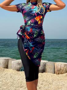 Swim Mulvari Set da 3 pezzi Burkini da donna con stampa floreale colorata, composto da top a maniche corte e pantaloni capri, ideale per vacanze romantiche in Medio Oriente