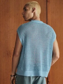 SWAVVY Men's Fashionable Casual Loose Knitted Hollow Back Polo Vest - Blue - View 2