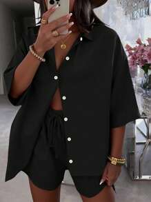 SHEIN LUNE 2pcs/Set Plus Size Women Casual Solid Color Loose Blouse - Black - View 3