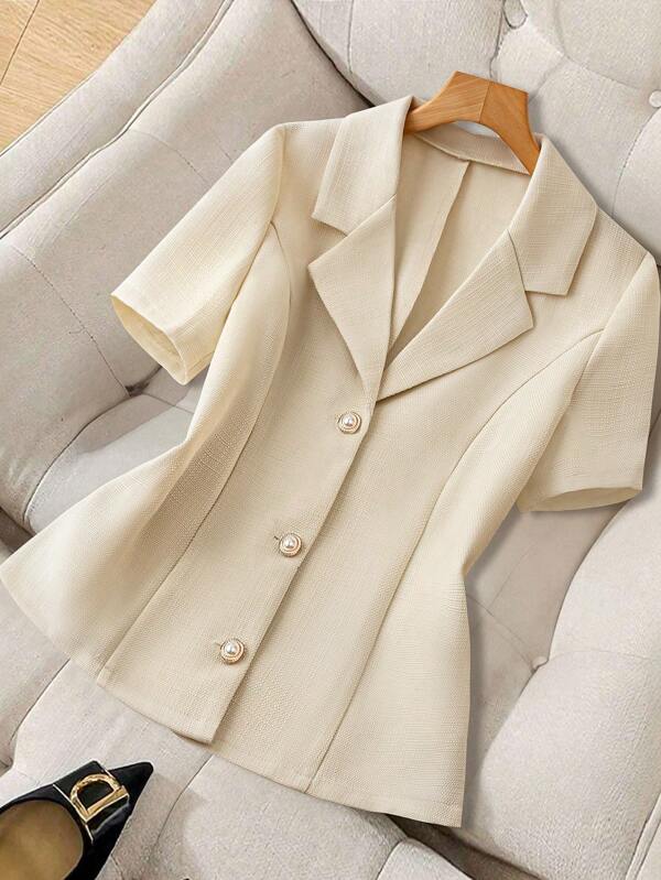 SHEIN Clasi Plus Size Women's Spring/Summer Blazer Collared Short Sleeve Pearl Button Front Textured Apricot Suit