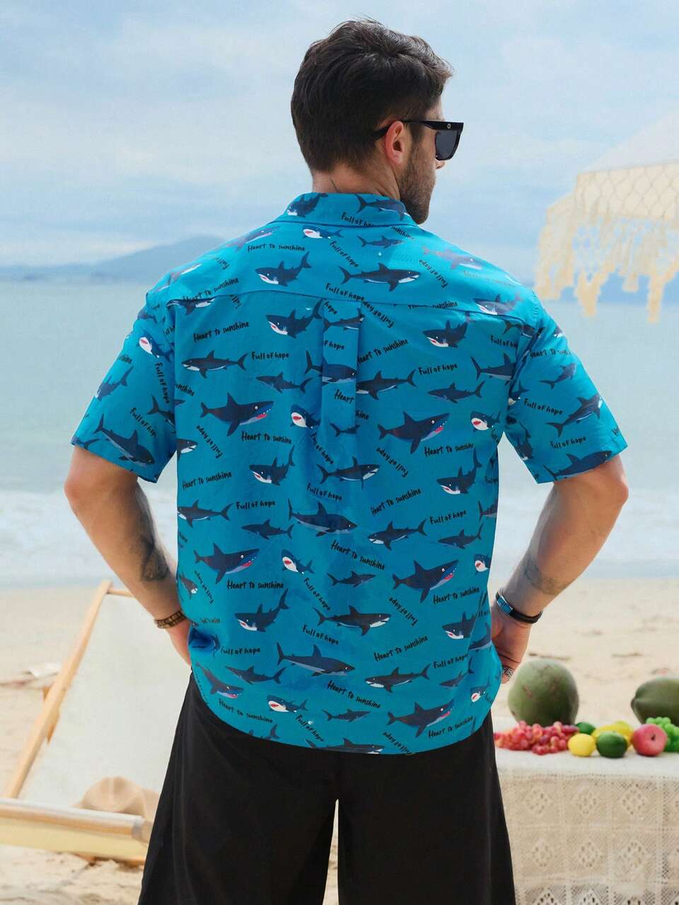 Men's Shark Print Blue Beach Vacation Shirt, Summer