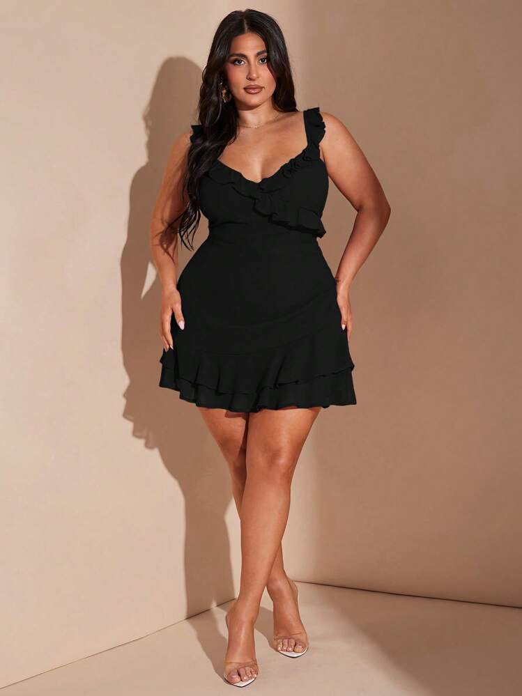 SHEIN BAE Vestido mini elegante, romántico y sexy con cuello en V, dulce y versátil para citas, con volantes rojos en el bajo, vestido casual de verano para playa, vacaciones y fiestas, vestido fluido para mujer de talla grande - Negro - Añade 2