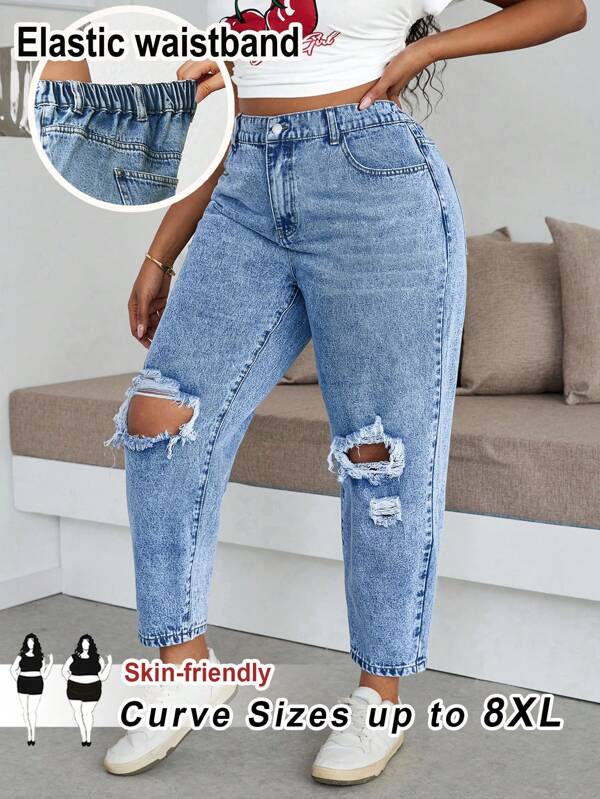 SHEIN CURVE+ Blugi skinny casual versatili, cu buzunar, pentru femei, mărime plus, stil Distressed