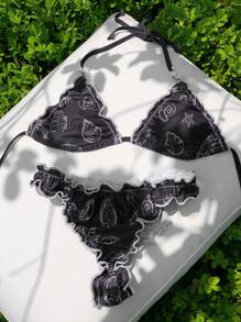 Comfortcana Women's Summer Beach Wear Shell Print Halter Bikini Set, Suitable For Holiday Wear - Black - View 5