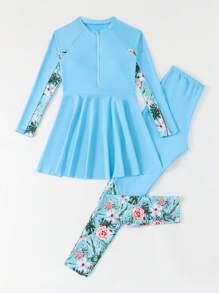 Teen Girls Tankini Top And Shorts Set, Tropical Fruit Tree Leaf Print Splice Design Long Sleeve Top And Long Pants Swimsuit Girls Modest Swimwear Long Sleeve Swimsuit Girls Muslim Swimwear Girls Hijabi Swimsuit For Girls Youth Modest Swimsuit