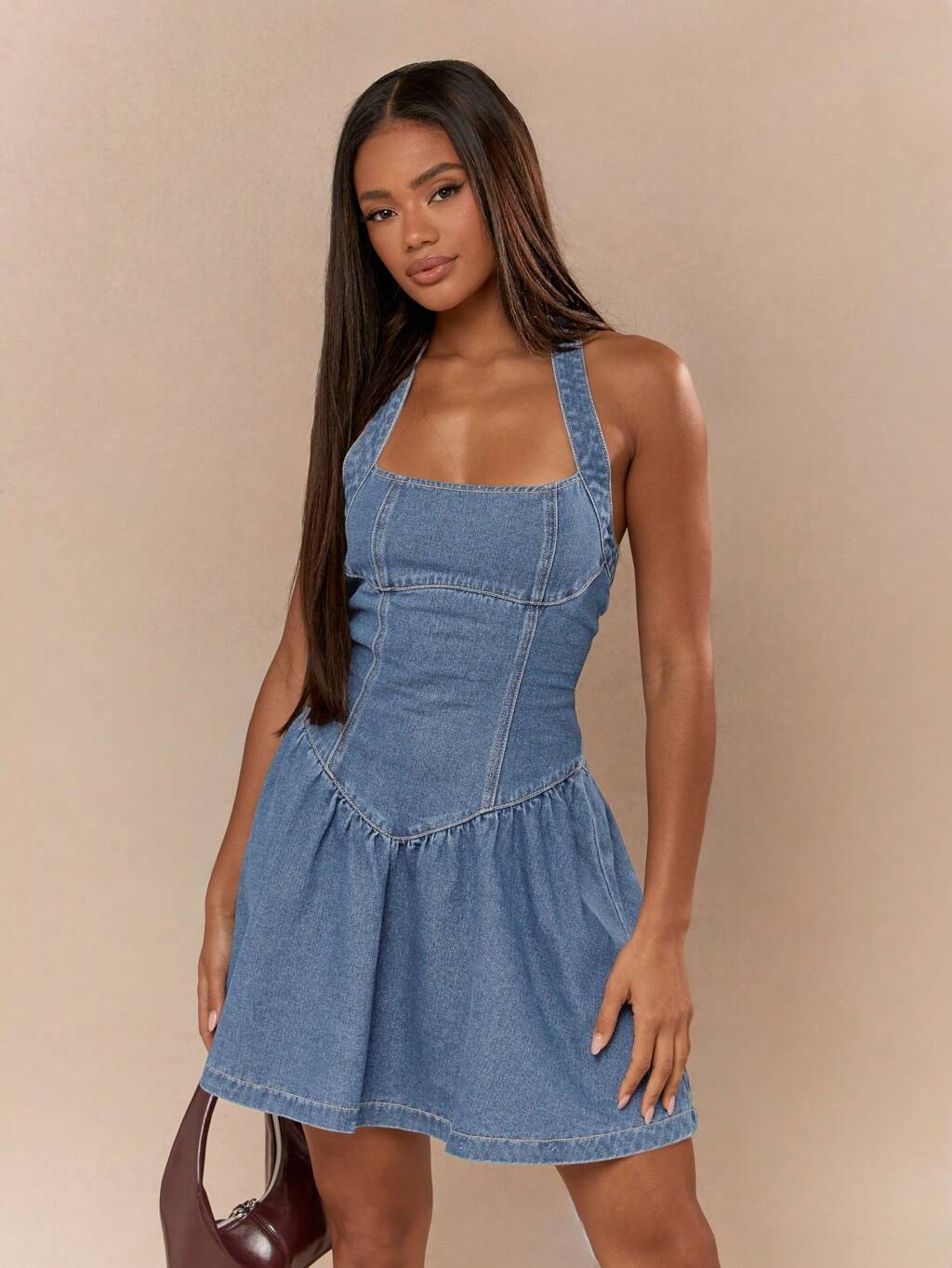 MISSGUIDED Denim Halter Mini Corset Style Bustier Dress