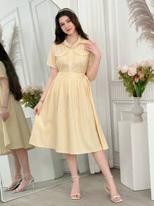 SHEIN Conjunto de 2 piezas para adolescentes: Blusa de rayas amarillas de manga corta y falda midi plisada de cintura alta, look elegante y vintage para uso casual y laboral - Amarillo - Ver 4