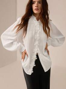 Chiquease White Elegant Women Chiffon Shirt,Exquisite Decorative Floral Design,Stand Collar,Princess Sleeves,Autumn Tea Party High-End Formal Cloth - White - View 2