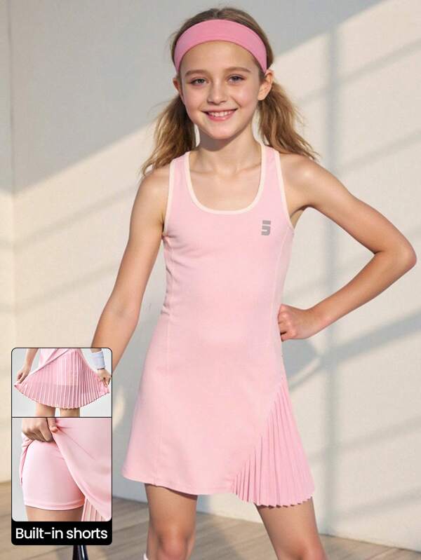 JNSQ Summer New Girls Outdoor Professional Sports Vest Dress, Children Round Neck 4-Needle 6-Thread 3M Reflective Front Print Professional Outdoor Sports Vest Dress