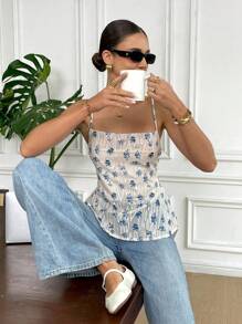 Serisse 女士花卉印花露背打结吊带背心，度假风格