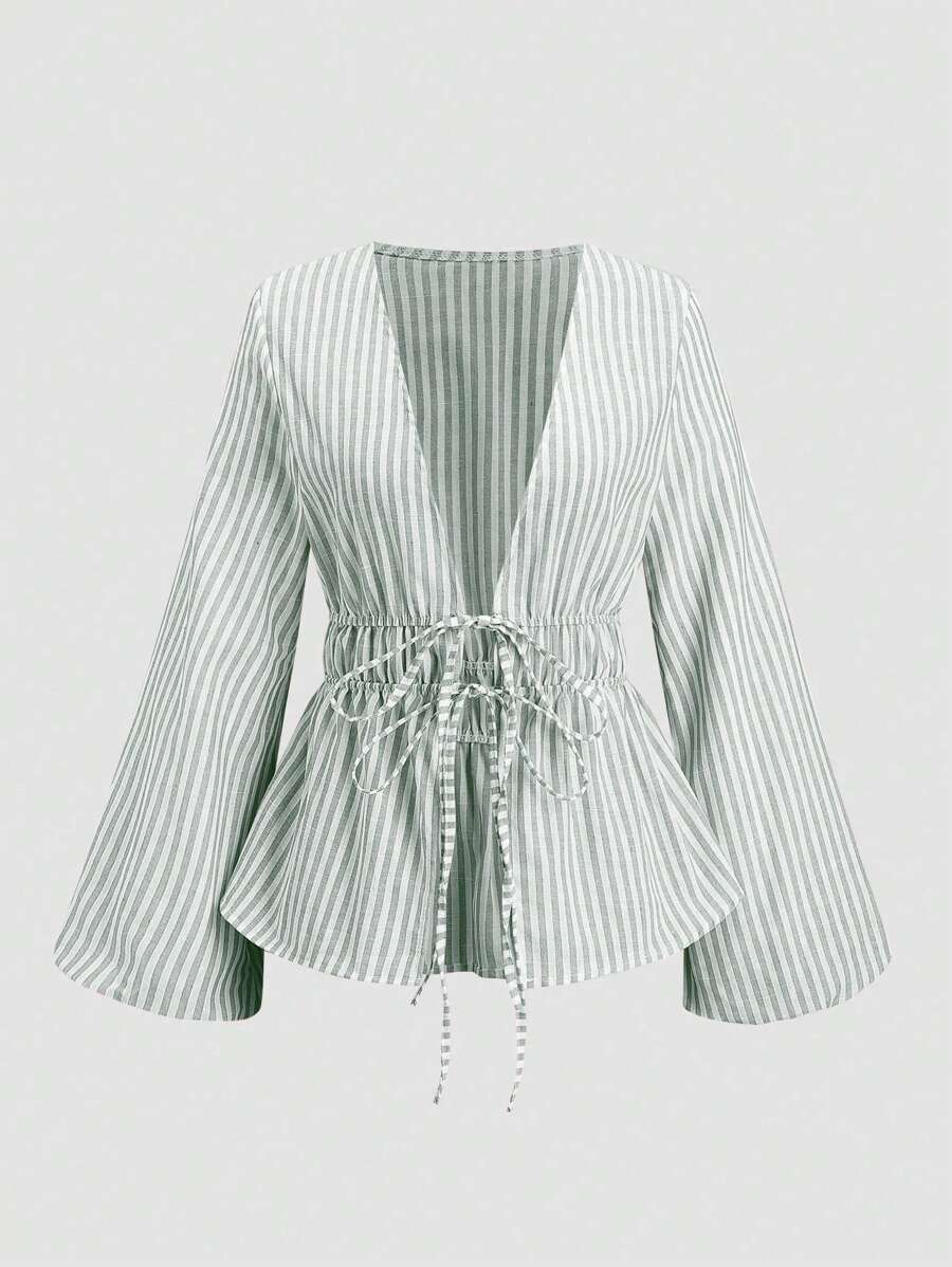 Sweetra Striped Print Deep V-Neck Ruffle Hem Long Sleeve Blouse Fall Cloth For Women