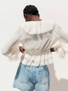 MAIJA Autumn Beach Brunch Petal Sleeve Button Down Blouse Country Concert Cream White Elegant - White - View 6