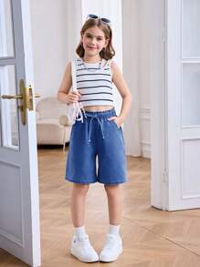SHEIN Tween Girl Spring Summer Basic Casual High Waisted Loose Fit Ruffle Waist Drawstring Denim Shorts With Bowknot And Rolled Hem Pockets, Summer Beach Boho Vacation Comfortable Shorts, Summer Rave Concert Festival College Style - Dark Wash - View 4