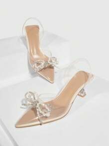 CUCCOO SZL Zapatos de tacón alto con decoración de lazo y rhinestones, elegantes zapatos de tacón de media luna para graduación, fiesta de promoción, vacaciones, rebajas de verano, vuelta al cole, estudiantes universitarios, fiesta, estilo chic y elegante, Halloween, Navidad, fiesta de discoteca, noche sexy