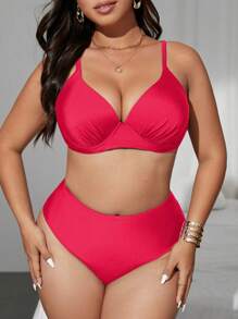 SHEIN Swim Curve 大尺碼女款兩件式高腰素色抓皺硬杯鋼圈泳衣套裝，可調節肩帶，優雅時尚性感休閒，適合夏季海灘度假假期風格 - 西瓜粉 - 查看 7