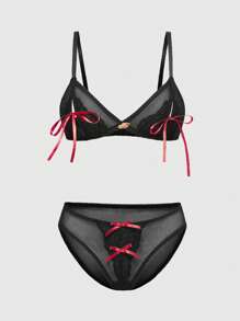 ROMWE Gothic Bowknot Triangle Bra And Thong Sexy Lingerie Set - Black - View 1