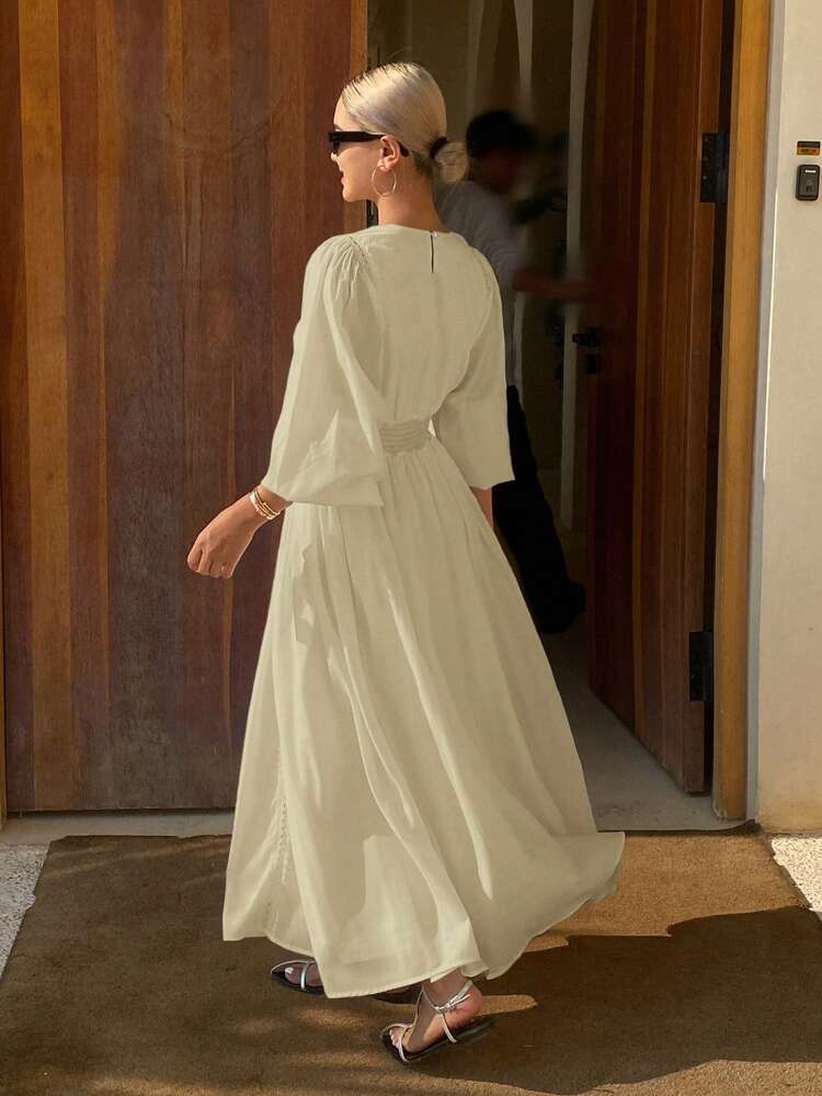 Long Sleeve Solid Color Waist Splice Lace Trim Casual Elegant Fall Maxi Dress For Women