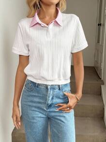 Easowa Women White And Pink Color Block Splice Polo Collar Short Sleeve T-Shirt,Textured Jacquard Fabric,Casual Summer School Back-To-School Old Money Style - Apricot - View 3