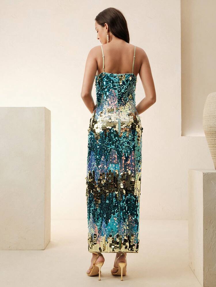 Elegant City Style Long Length Over-The-Knee Dress With Contrast Sequins, Slimming And Luxurious