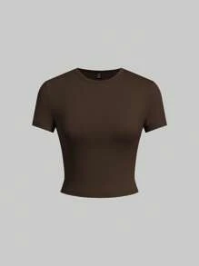 SHEIN EZwear paquete de 5 camisetas de manga corta ajustadas de color liso básico - Marrón - Ver 4