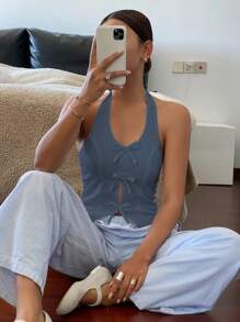 Livesso 1 chiếc áo kiểu nữ cổ cao, thắt nơ phía trước, không tay, thích hợp đi chơi hoặc đi nghỉ mát. - Màu xanh bụi bặm - Xem 4