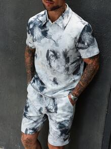 Manfinity LEGND Conjunto de camiseta polo de manga corta casual con estampado floral y pantalones cortos para hombre