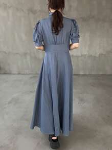 FRIFUL Women's Dusty Blue Denim Dress,Autumn Ellegant Dining Pleated Single-Breasted Puff Short Sleeve Solid Color Butterfly Decor Formal Summer Clothes - Blue - View 6