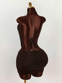 Amplova Mesh Draped Neck Vintage Tassel Beaded Decor Bodycon Mini Dress - Brown - View 7