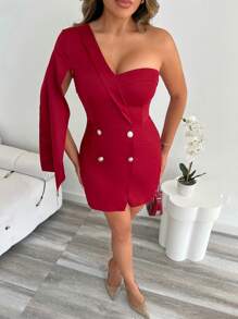 Xyvia Fashionable Sexy Open Shoulder Elegant Ladies Dress - Burgundy - View 3