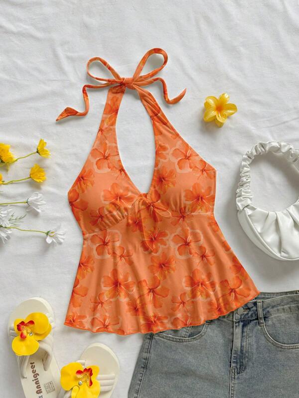Soleia Débardeur à imprimé lys orange et hibiscus, style bohème printemps break WYWH, en tricot, coupe ajustée pour femmes, idéal pour les vacances à la plage, convient pour l'été