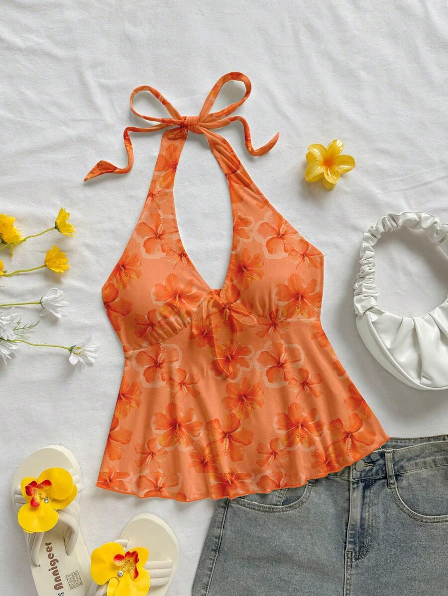 Soleia Plus Size Women Floral Print Halter Tie Neck Blouse, Suitable For Summer - Multicolor - View 1