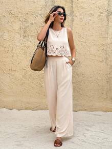 SHEIN Frenchy 2 pezzi/set Top e pantaloni con vita elastica e pizzo traforato per donne - Albicocca - Visualizzare 1