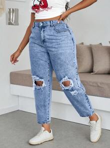 SHEIN CURVE+ 大码女式高腰口袋做旧锥形休闲百搭牛仔裤