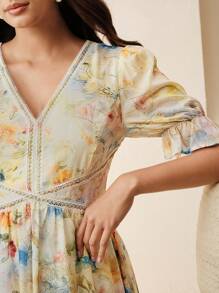 Anewsta New V-Neck Lace Patchwork Vintage Print French Style Waist Slimming Mini Dress For Women, Vacation - Butter Yellow - View 1