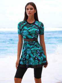 Swim Shayni 2 pezzi/Set Nuovo Abito bohémien da spiaggia senza maniche con motivo floreale tropicale e set di costumi da bagno burkini neri per donne, adatti per la primavera/estate
