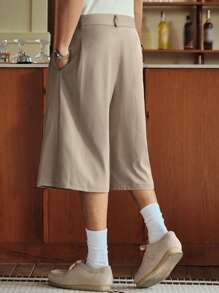 SWAVVY Men's Woven Casual Solid Color Loose Fit 3/4 Pants - Khaki - View 7