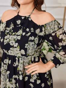 Modelyn Plus Size Women Chiffon Floral Elegant Romantic Long Off-Shoulder Dress - Black - View 4