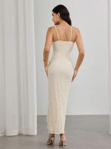 Modelyn Women Elegant Solid Color Lace Slit Camisole Dress - Apricot - View 3