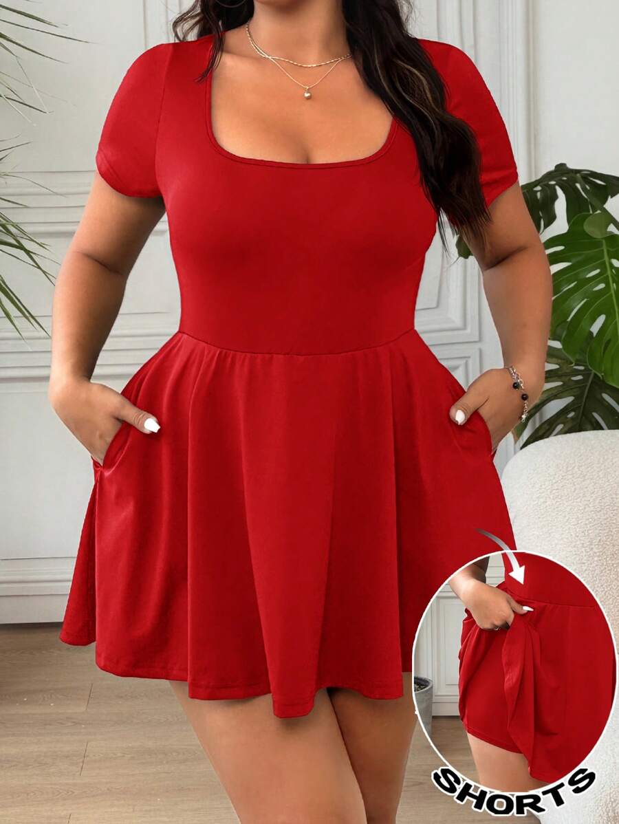 Solflare Bộ đồ liền thân tay ngắn thường ngày cổ vuông màu trơn cỡ lớn, mùa hè - Đỏ - Xem 1