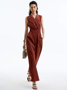 Aalyst Women's Elegant Fashion Commute Casual Charming Retro Minimalist High-End Vacation Sleeveless Lapel Waist Cinched Straight Leg Jumpsuit, Solid Color