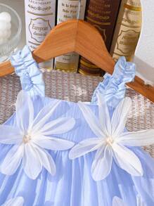 SHEIN Baby Girl Cute Light Blue Floral Dress,Summer Sleeveless Elegant Three-Dimensional Decoration Vacation Holiday Party Birthday Fashion Outfits - Blue - View 5