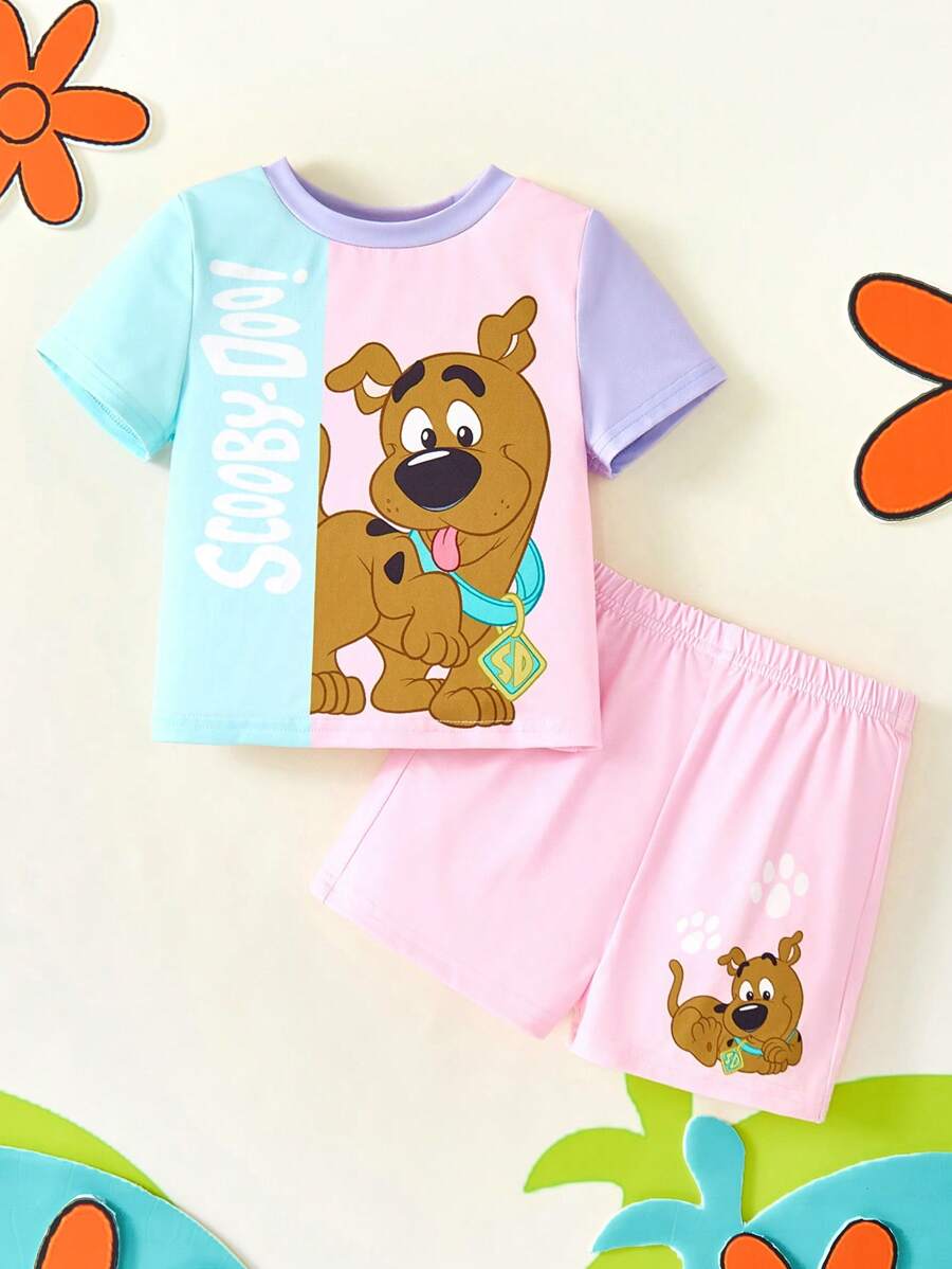 SCOOBY-DOO X SHEIN 女婴卡通图案粉色和紫色可爱甜美短袖T恤和短裤套装 - 彩色 - 查看 1