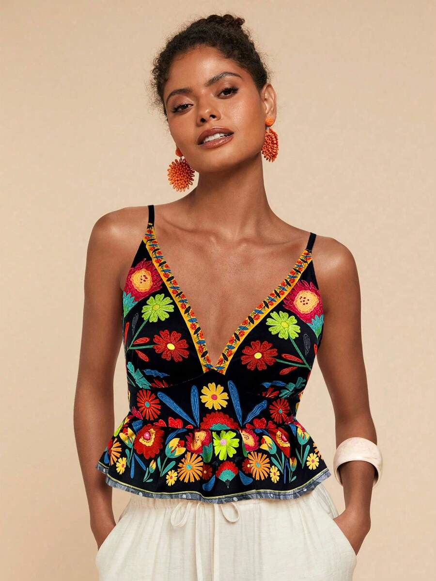 Travachic Women's Black Floral Print Ruffled Hem Camisole Top,Summer Boho Vacation Holiday Beach Clothes,Casual Festival Floral V Neck Sleeveless Tank Top - Black - View 1