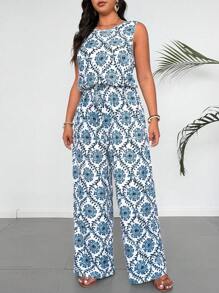 SHEIN Holidaya Bộ đồ liền thân không tay cạp chun in họa tiết, phù hợp cho mùa xuân, mùa hè, ngày lễ - Màu xanh nhạt - Xem 3