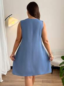 SHEIN Clasi Plus Size Women Summer Solid Color Front Tie Pleated Sleeveless Dress - Blue - View 2
